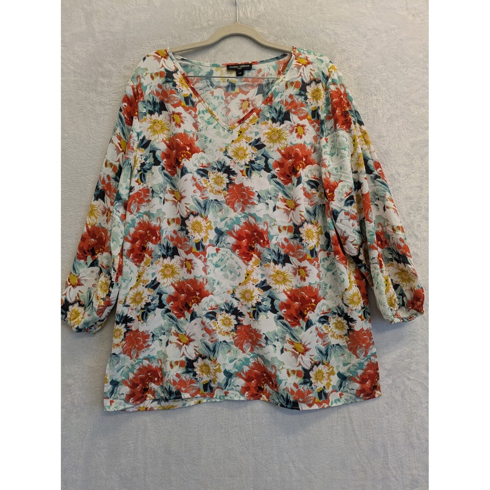 MARIO SERRANI ITALY Floral Print V Neck 3/4 Sleeve‎ Blouse Top Women's LG
